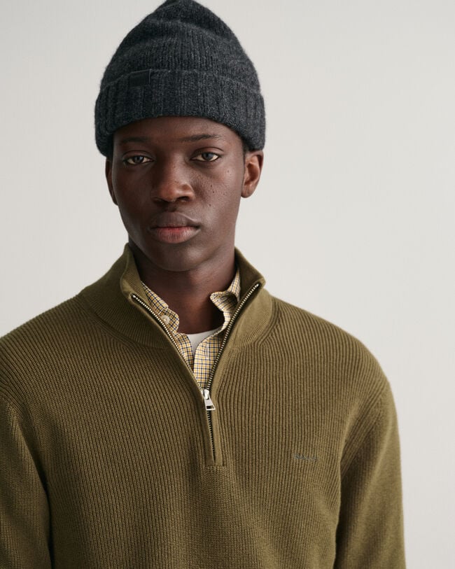 Ribstrikket sweater af bomuld og uld med halv lynlås