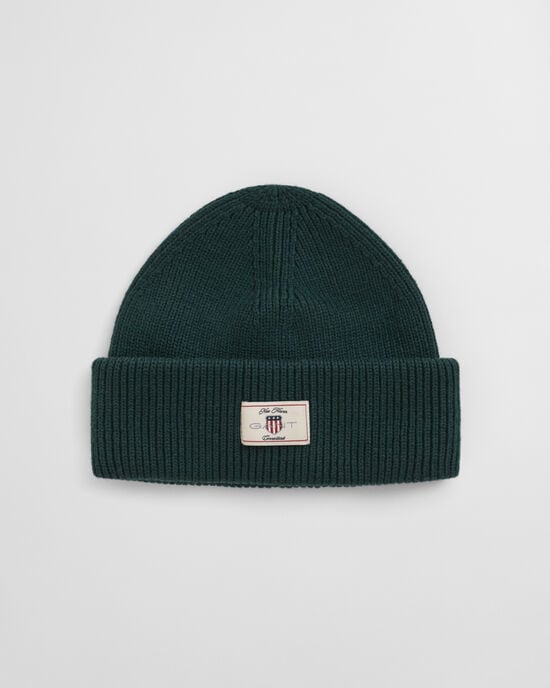 Ribstrikket beanie af bomuldsblanding