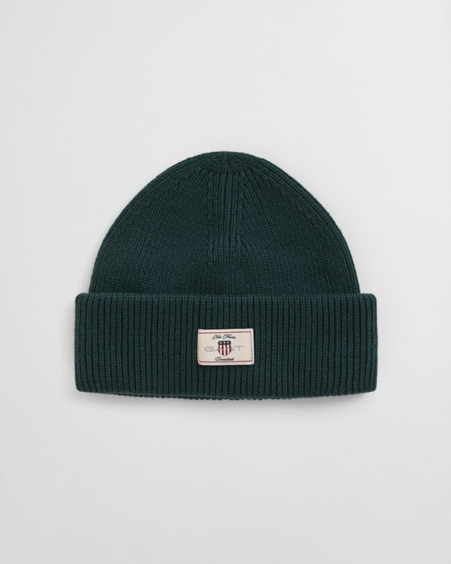 Ribstrikket beanie af bomuldsblanding