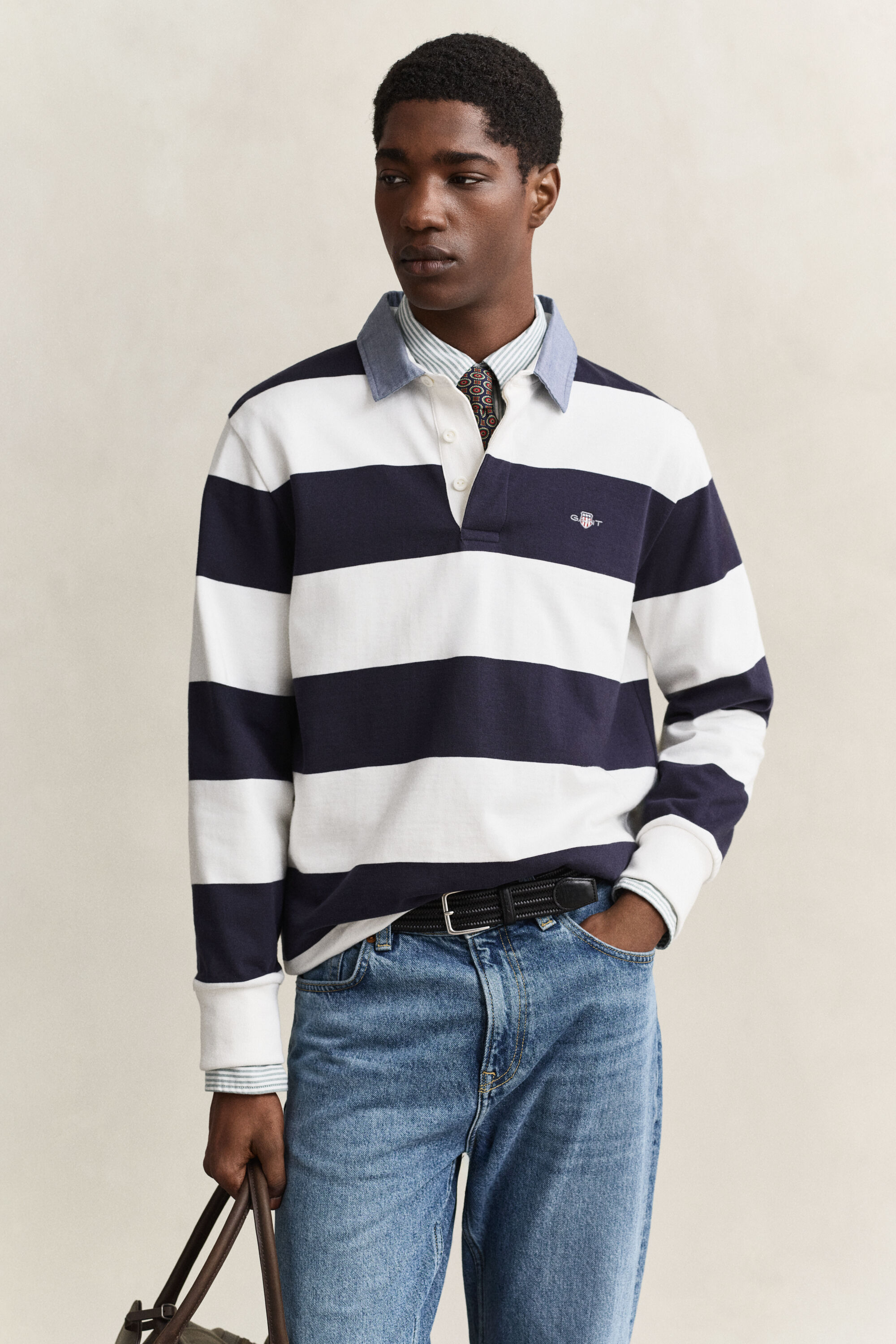 Stribet Heavy Rugger med krave i chambray