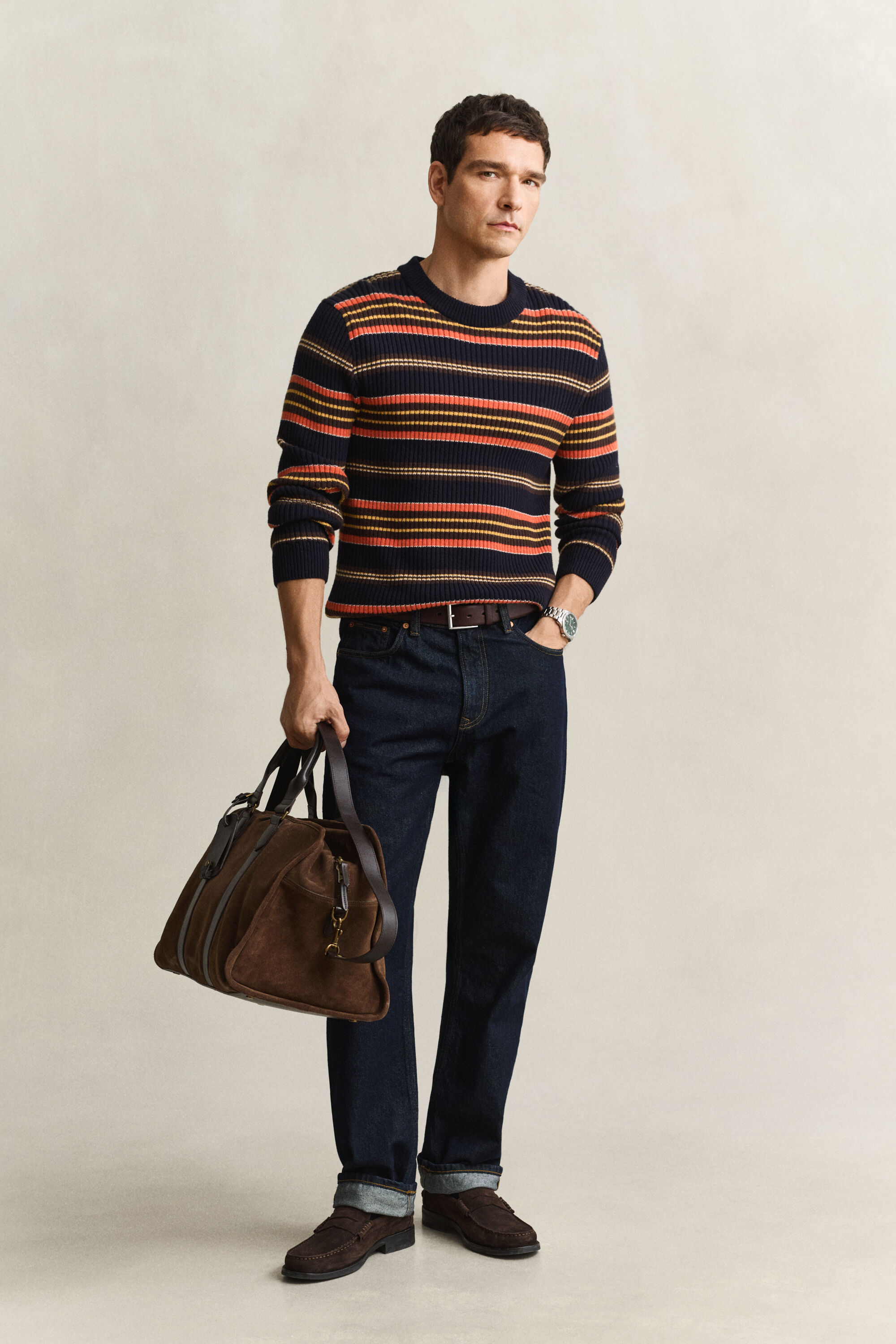 Stribet ribstrikket sweater