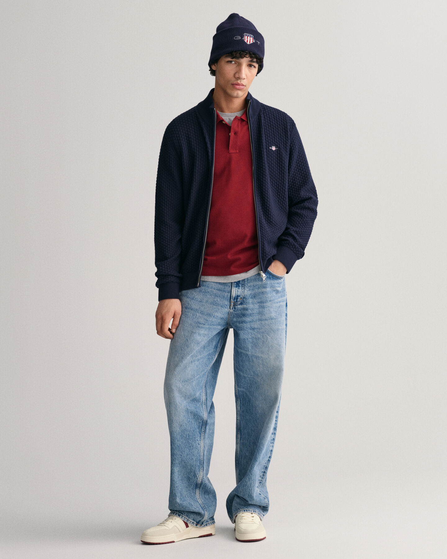 Tekstureret cardigan af bomuld med lynl&aring;s