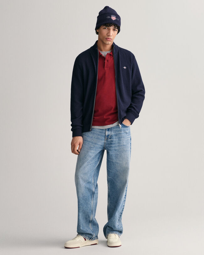 Tekstureret cardigan af bomuld med lynl&aring;s