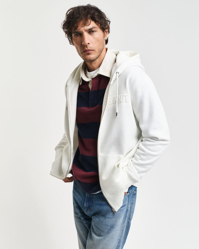 Præget hættetrøje med lynlås