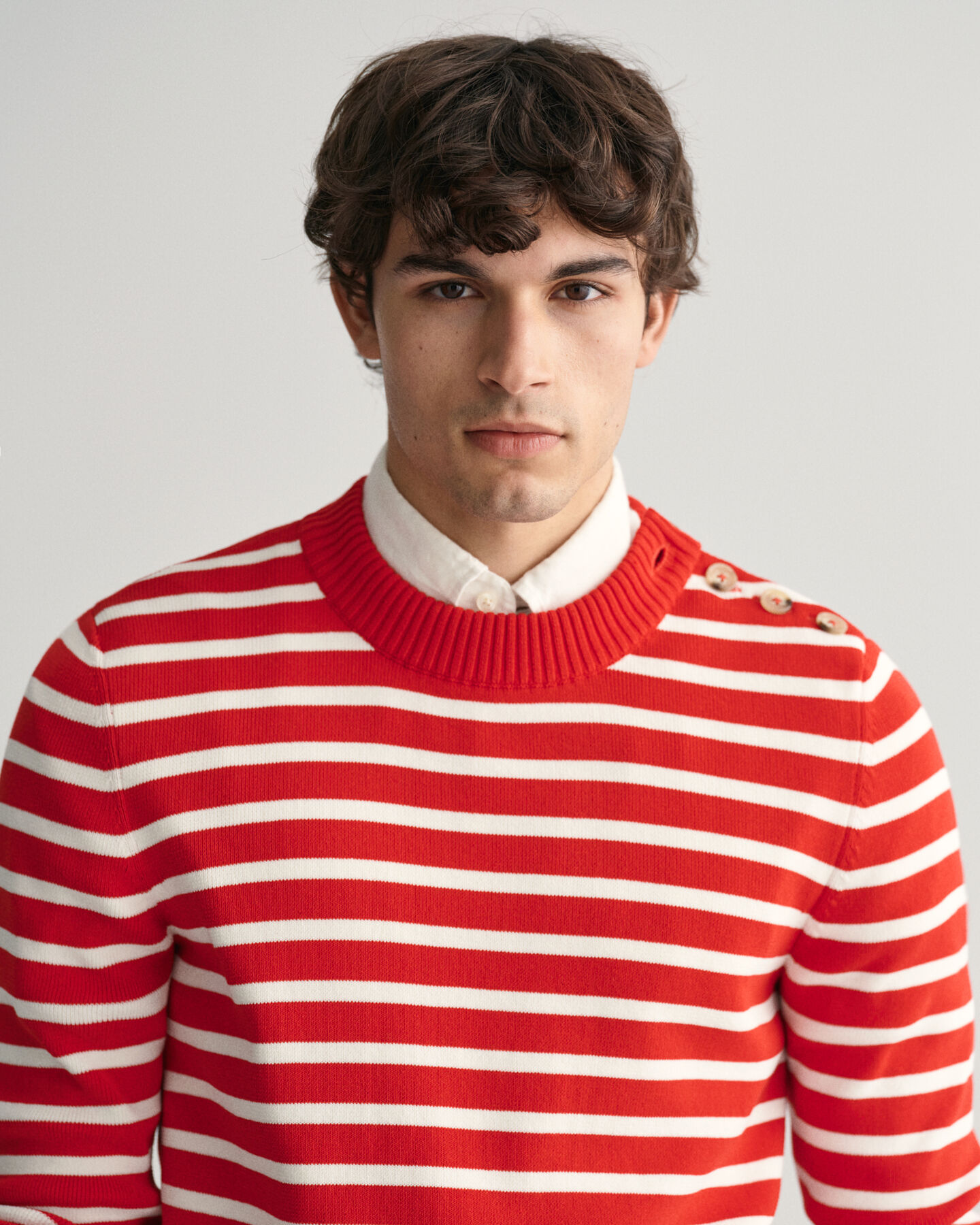 Bretonstribet glansfuld crewneck sweater i bomuld