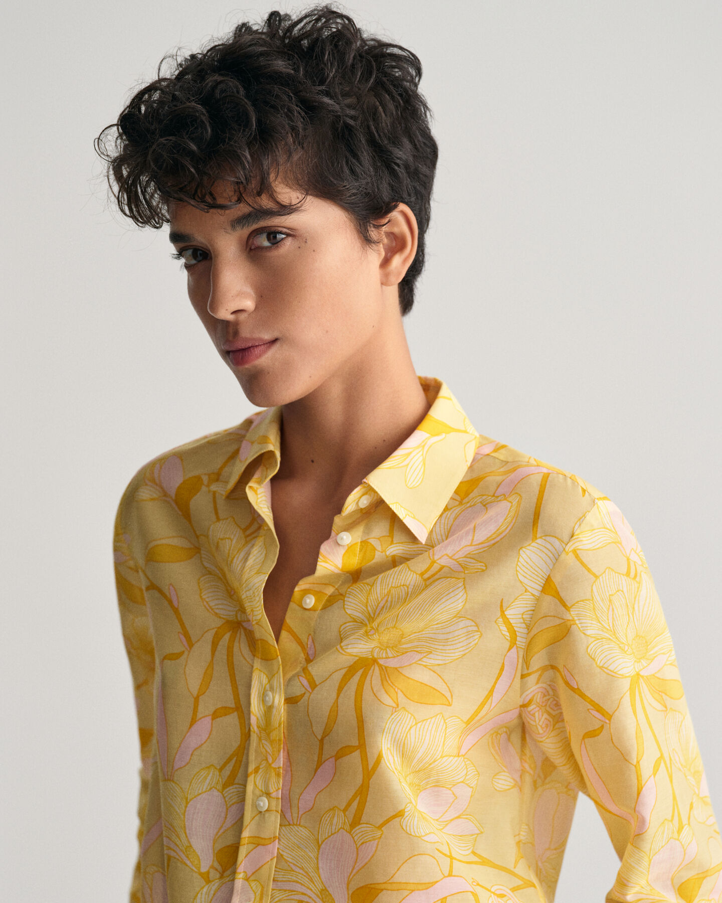 Regular fit Magnolia Print skjorte af bomuld og silke