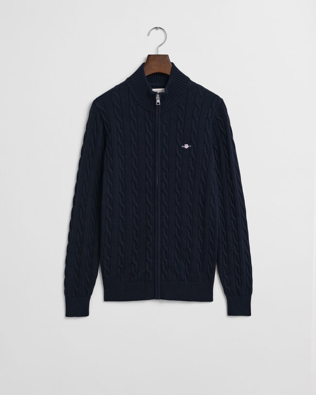 Teens kabelstrikket cardigan i bomuld med lynlås