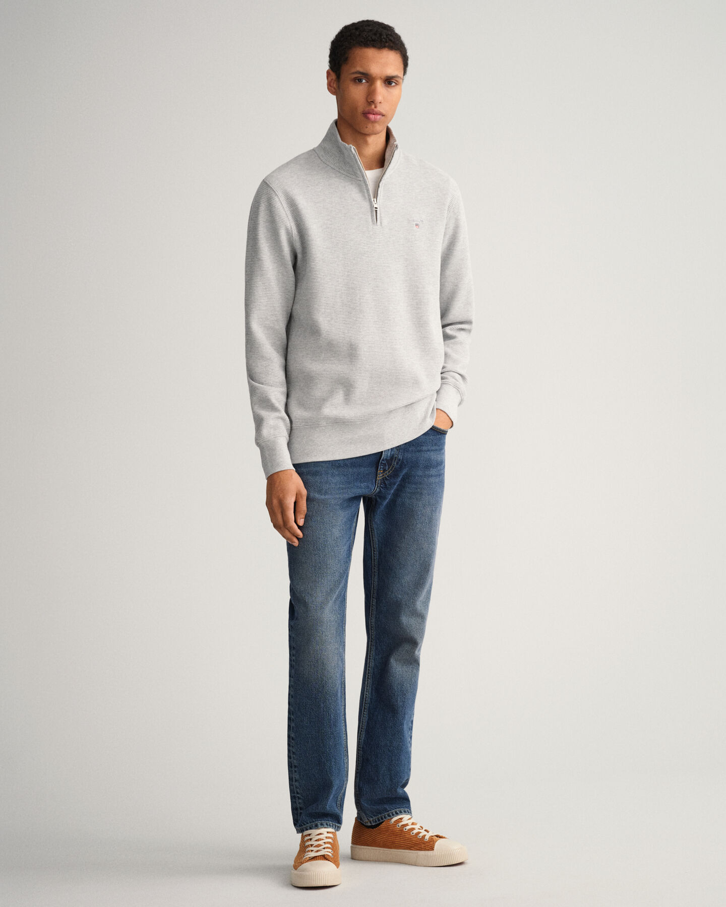 Waffle sweatshirt med halv lynl&aring;s