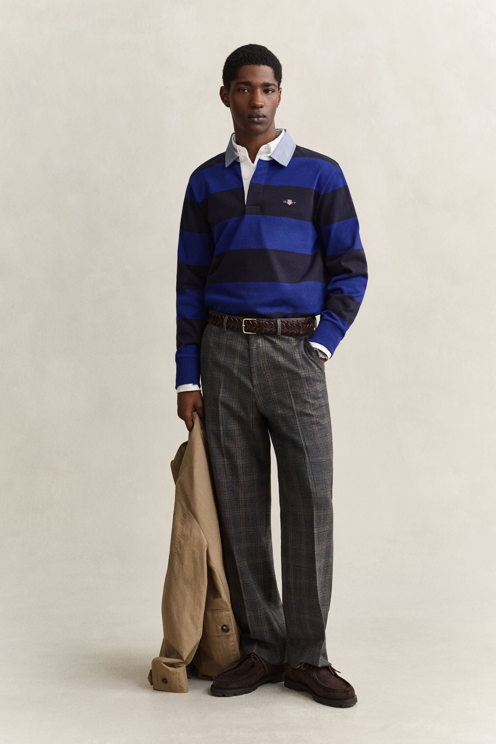 Stribet Heavy Rugger med krave i chambray