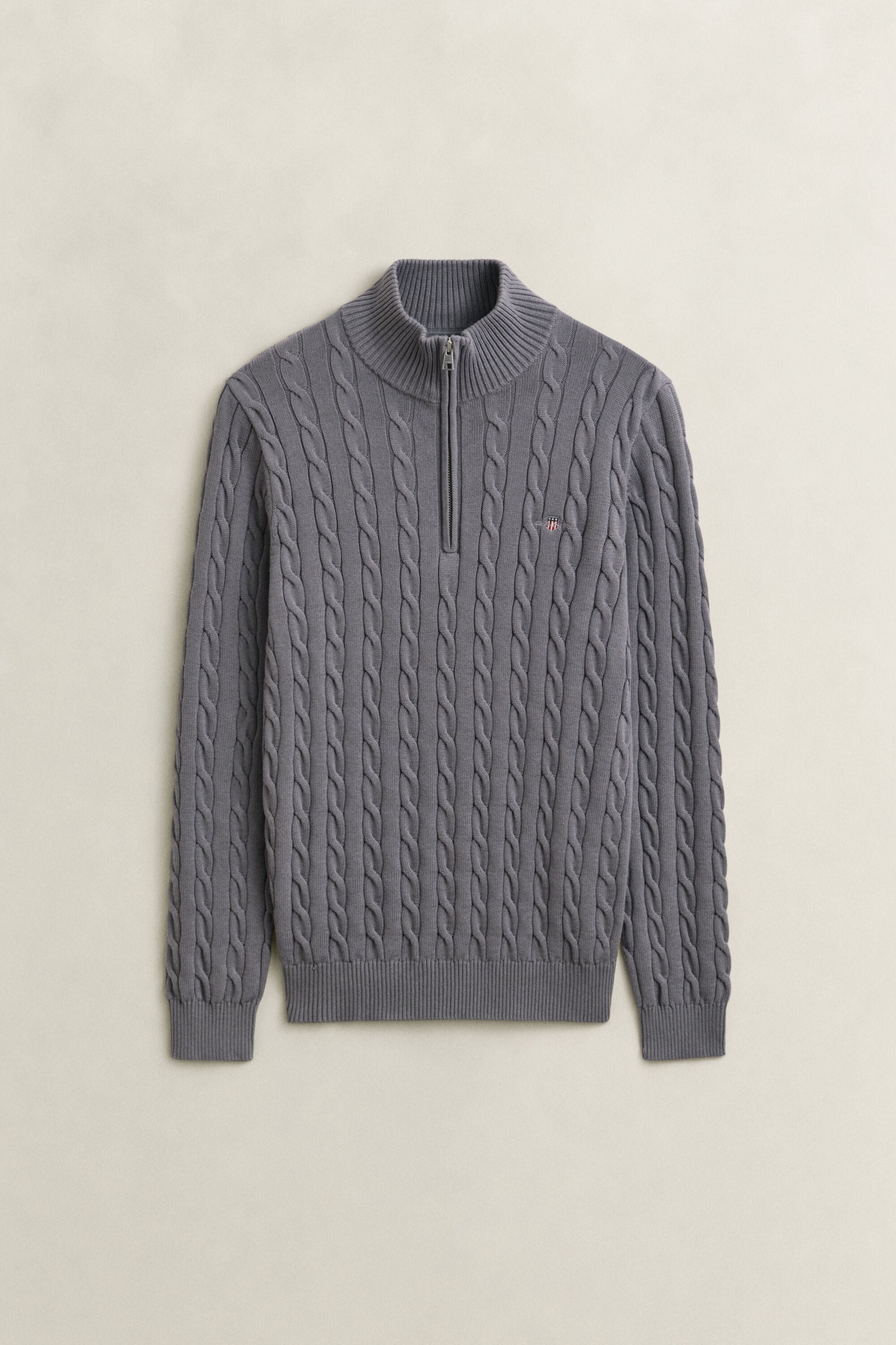 Kabelstrikket sweater af bomuld med halv lynlås