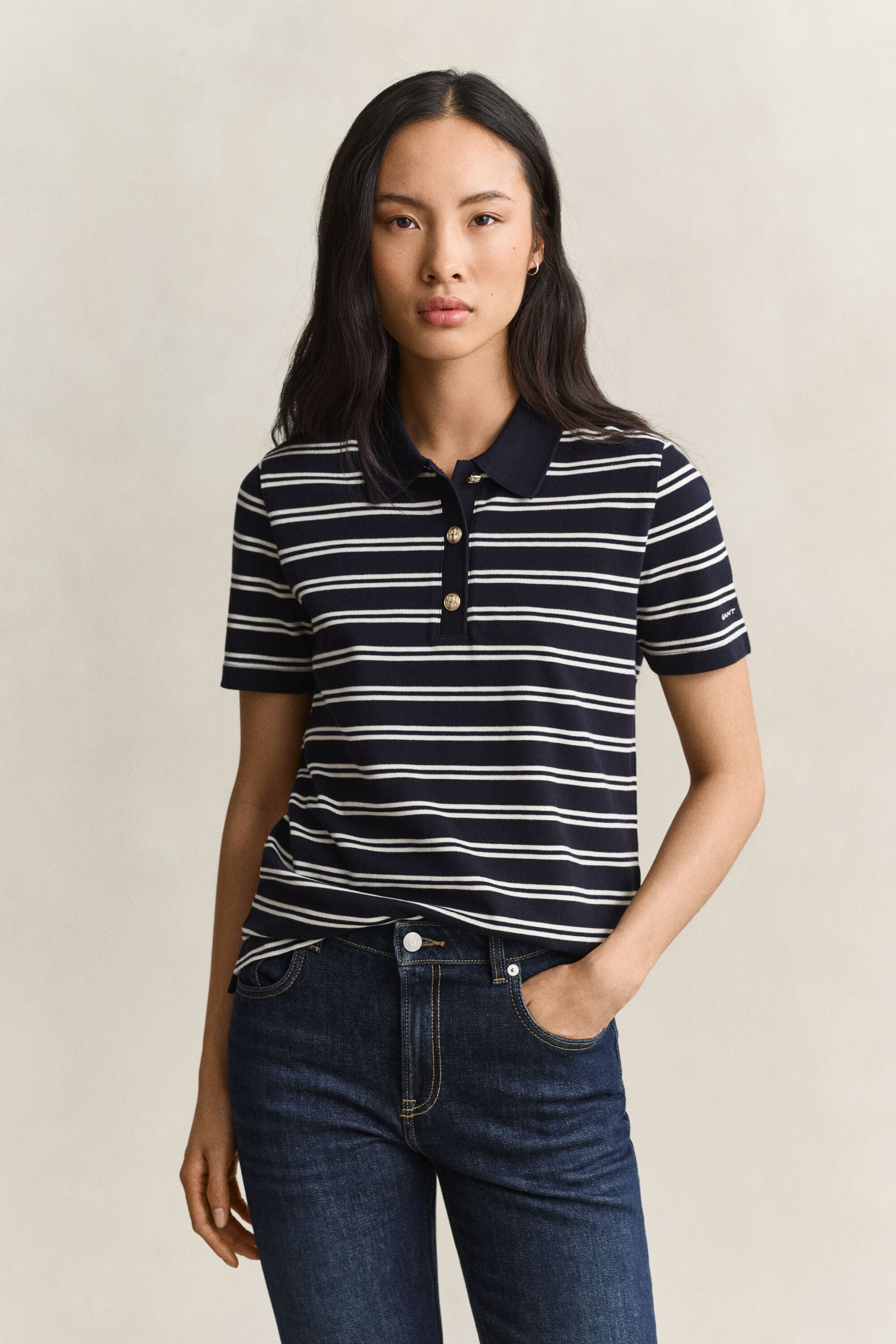 Stribet piqué polo-top