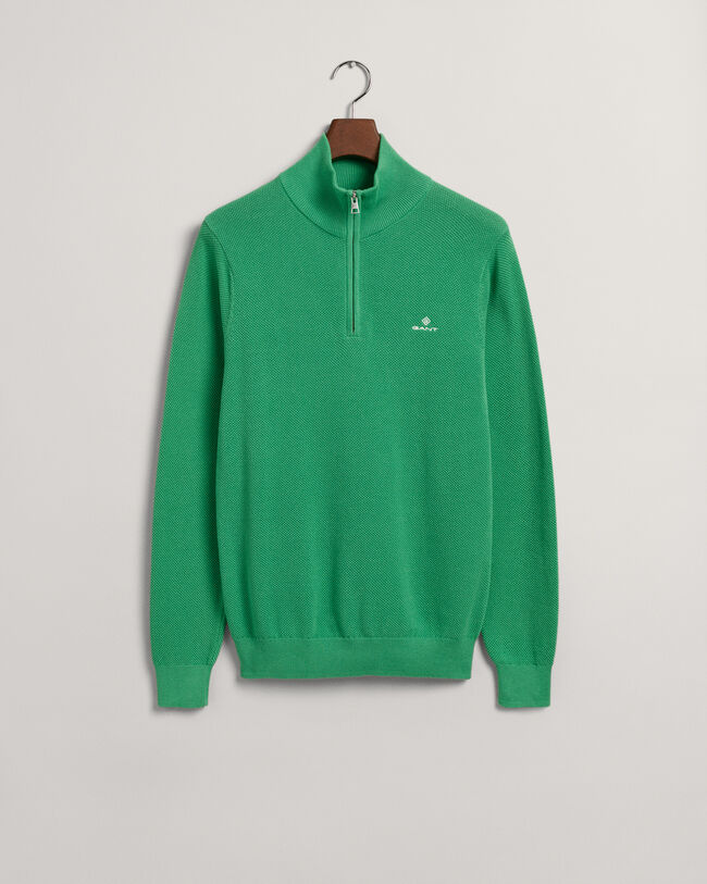 Bomuldspiqu&eacute; sweater med halv lynl&aring;s