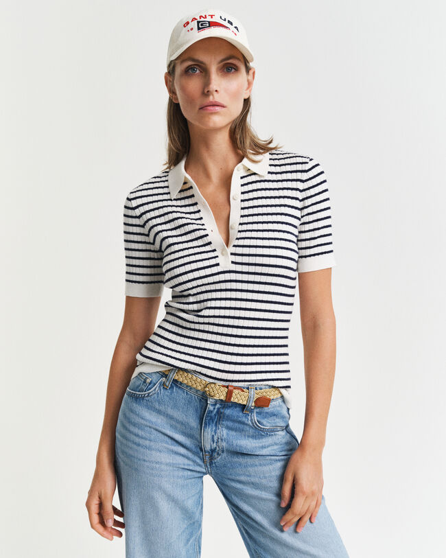 Stribet strikket Rugger med ribstrik og korte ærmer