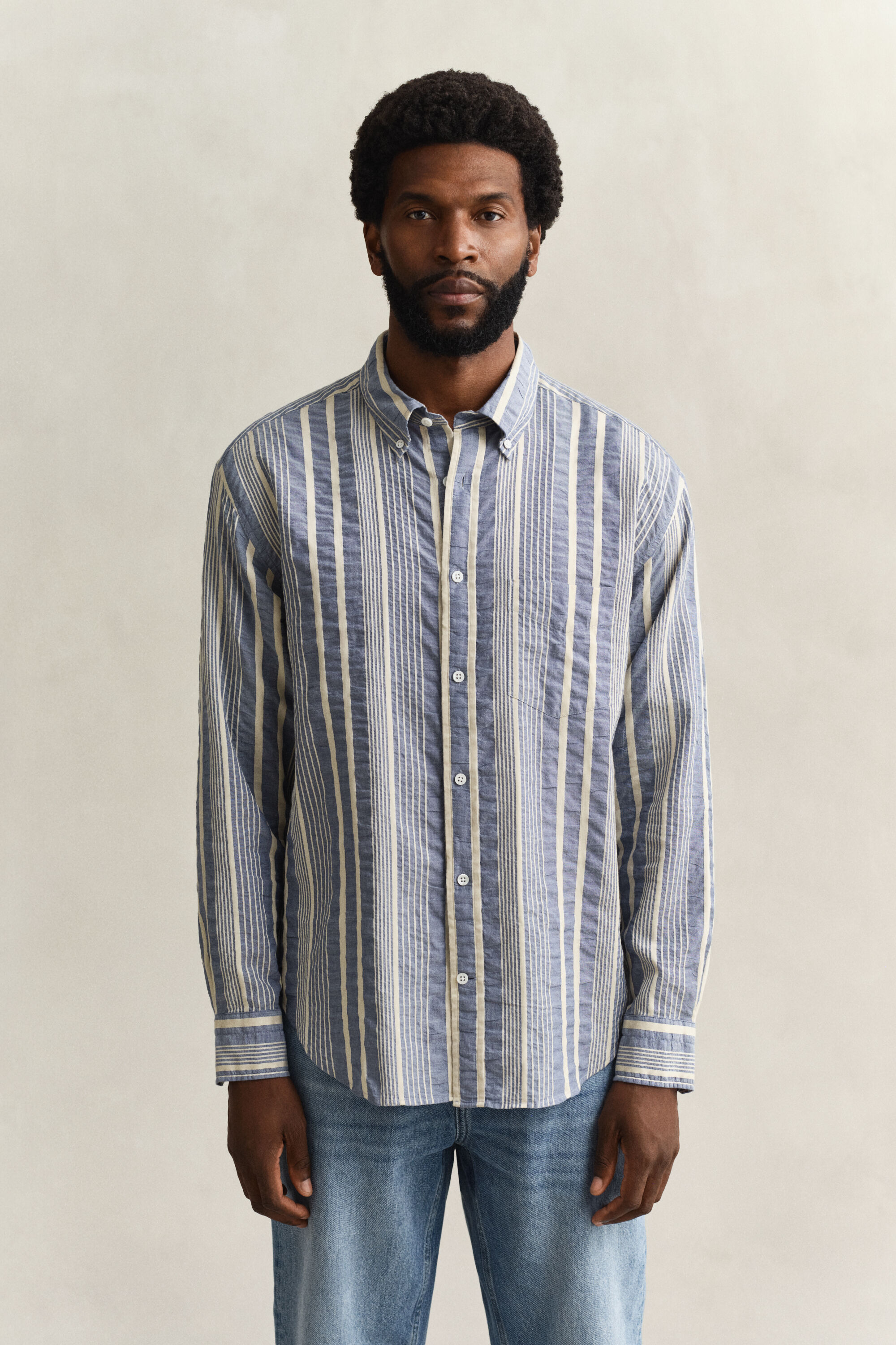 Relaxed fit seersucker-skjorte med striber