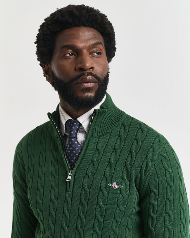 Kabelstrikket sweater af bomuld med halv lynlås