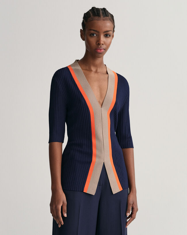 Ribstrikket top med V-hals