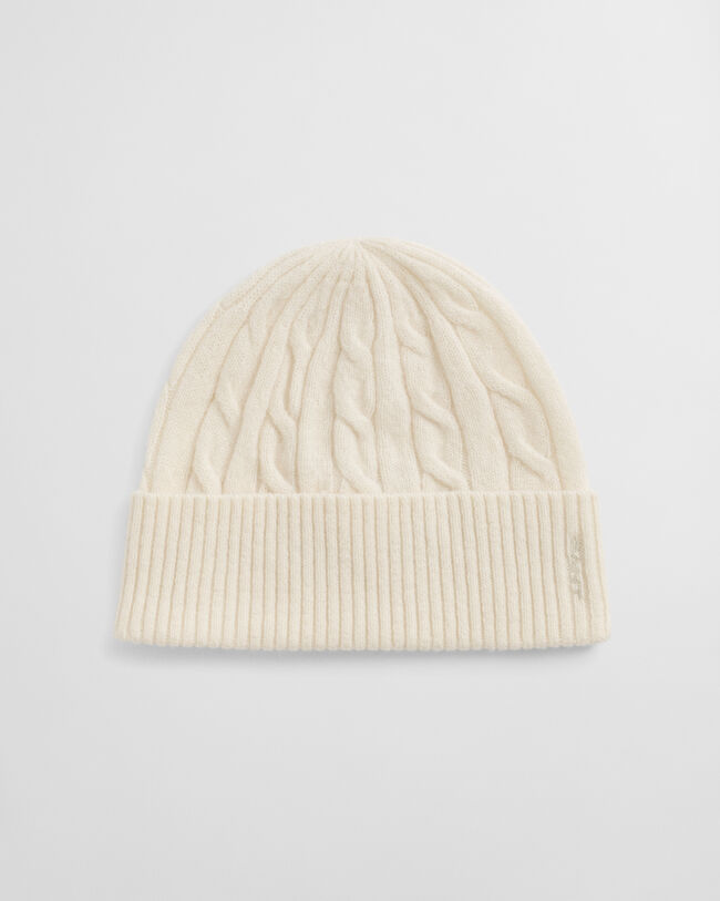Kabelstrikket beanie i uld