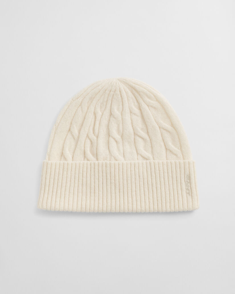 Kabelstrikket beanie i uld