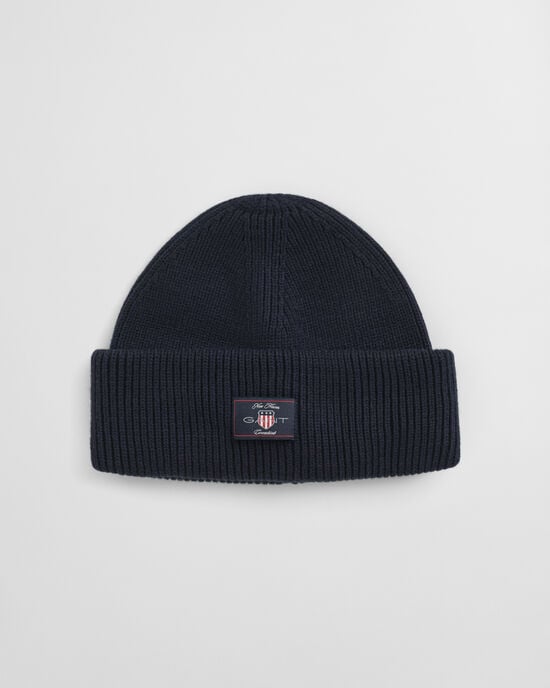 Ribstrikket beanie af bomuldsblanding
