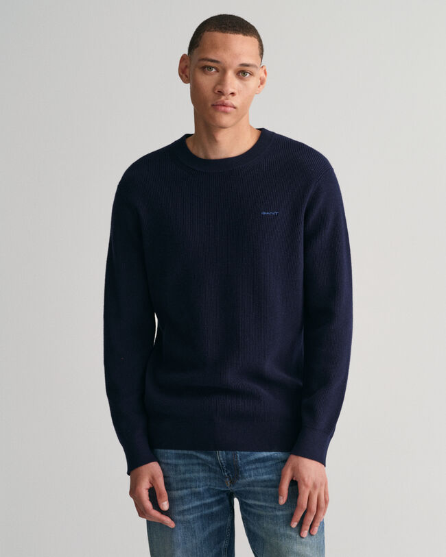 Ribstrikket crewneck sweater af bomuld og uld
