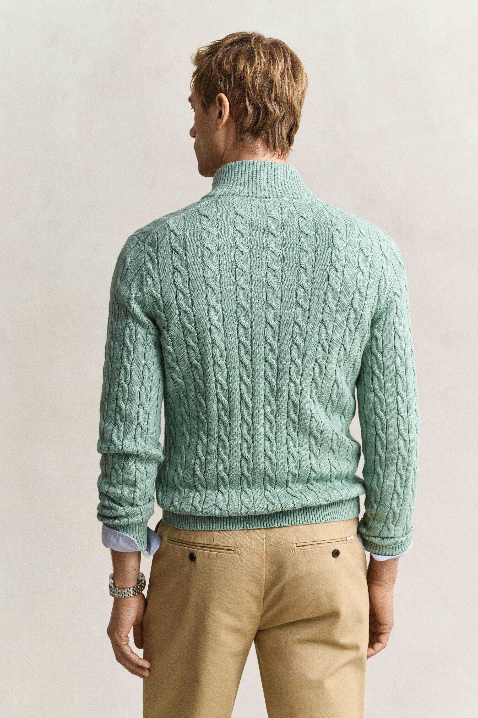 Kabelstrikket sweater af bomuld med halv lynlås