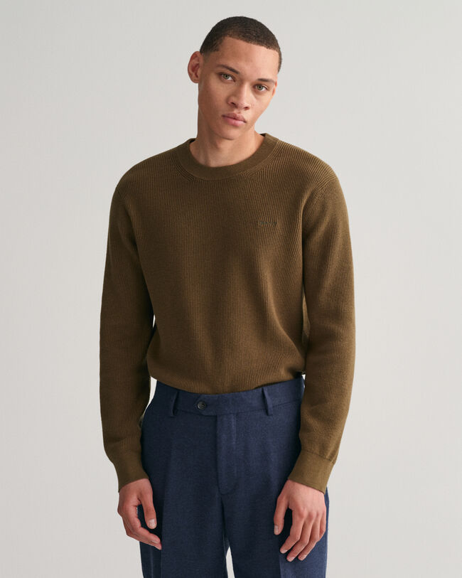 Ribstrikket crewneck sweater af bomuld og uld