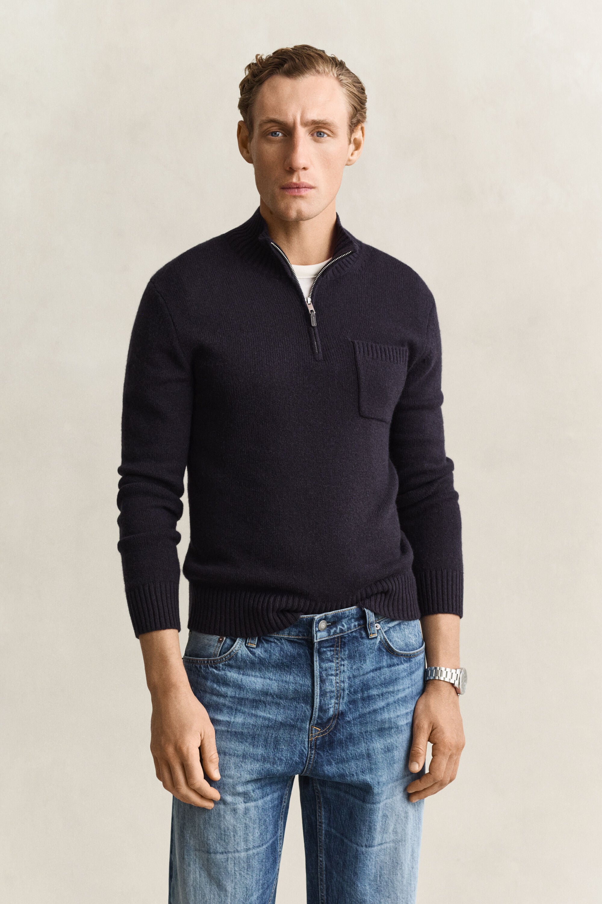 Kashmir sweater med halv lynlås