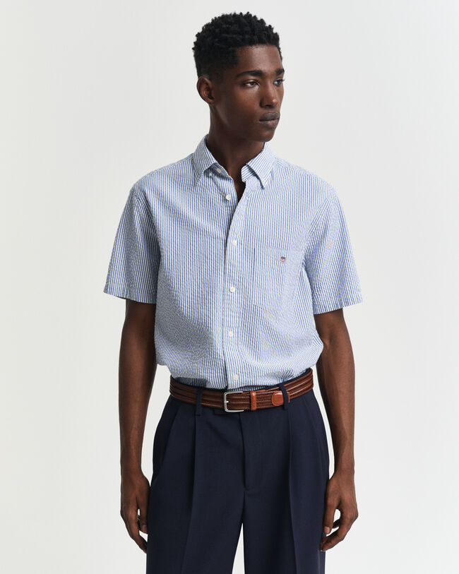 Regular fit stribet seersucker skjorte med korte ærmer