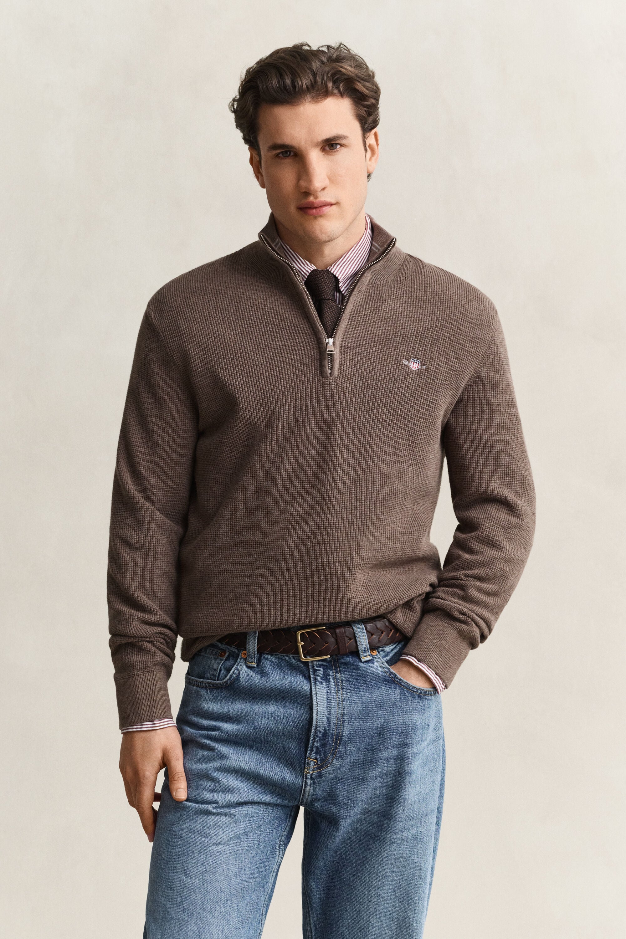 Tekstureret sweater af bomuld med halv lynlås