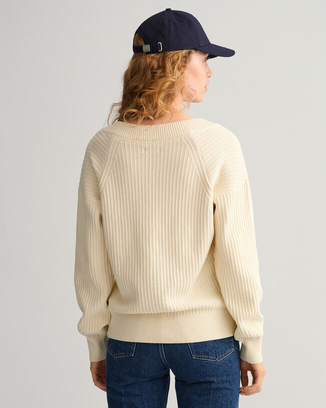 Ribstrikket sweater med V-hals i bomuld
