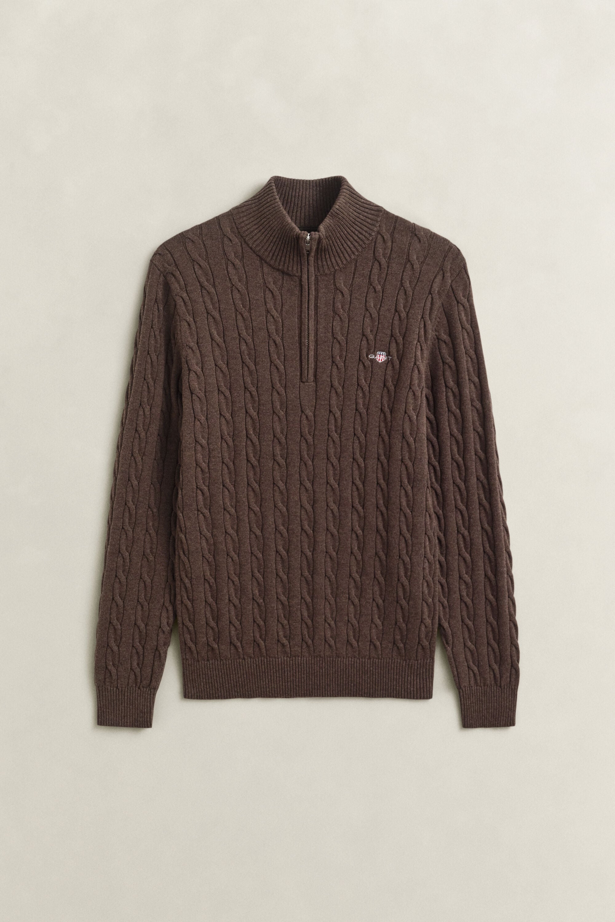 Kabelstrikket sweater af bomuld med halv lynlås