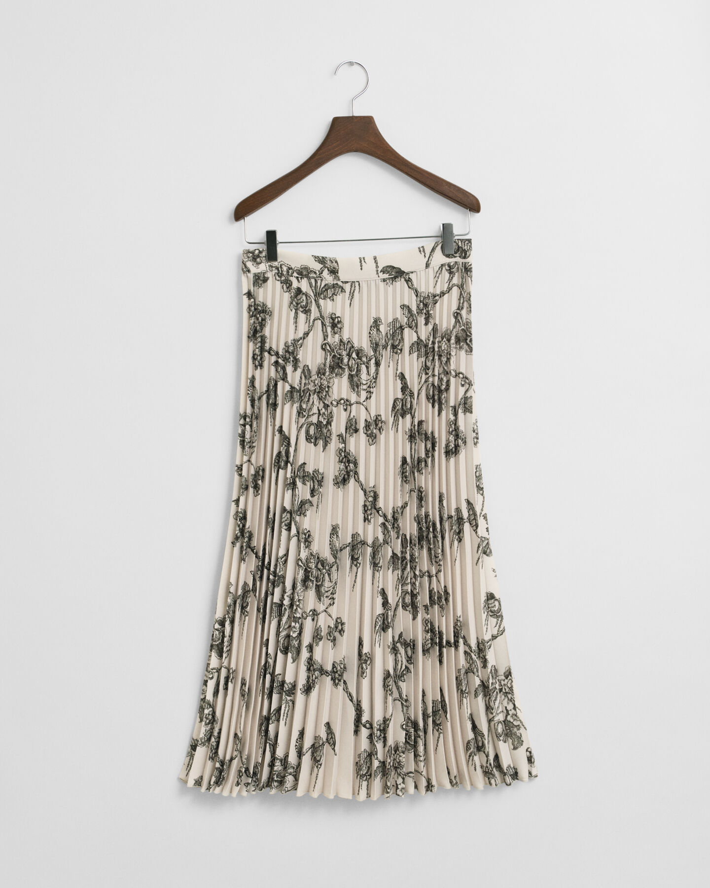 Plisseret midi-nederdel med træ-tryk