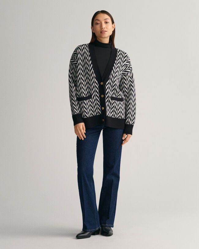 Flerfarvet sildebensm&oslash;nstret cardigan