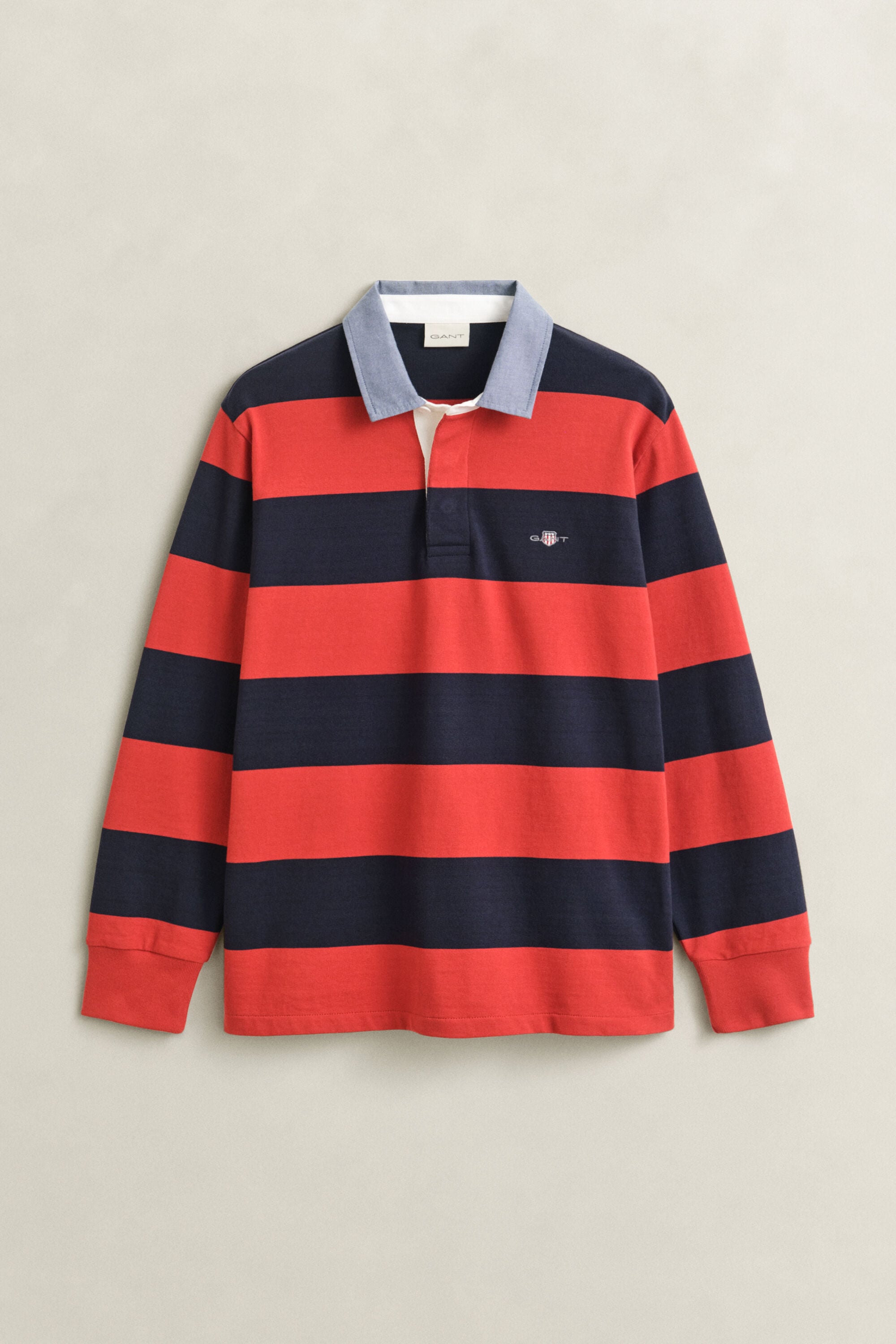 Stribet Heavy Rugger med krave i chambray