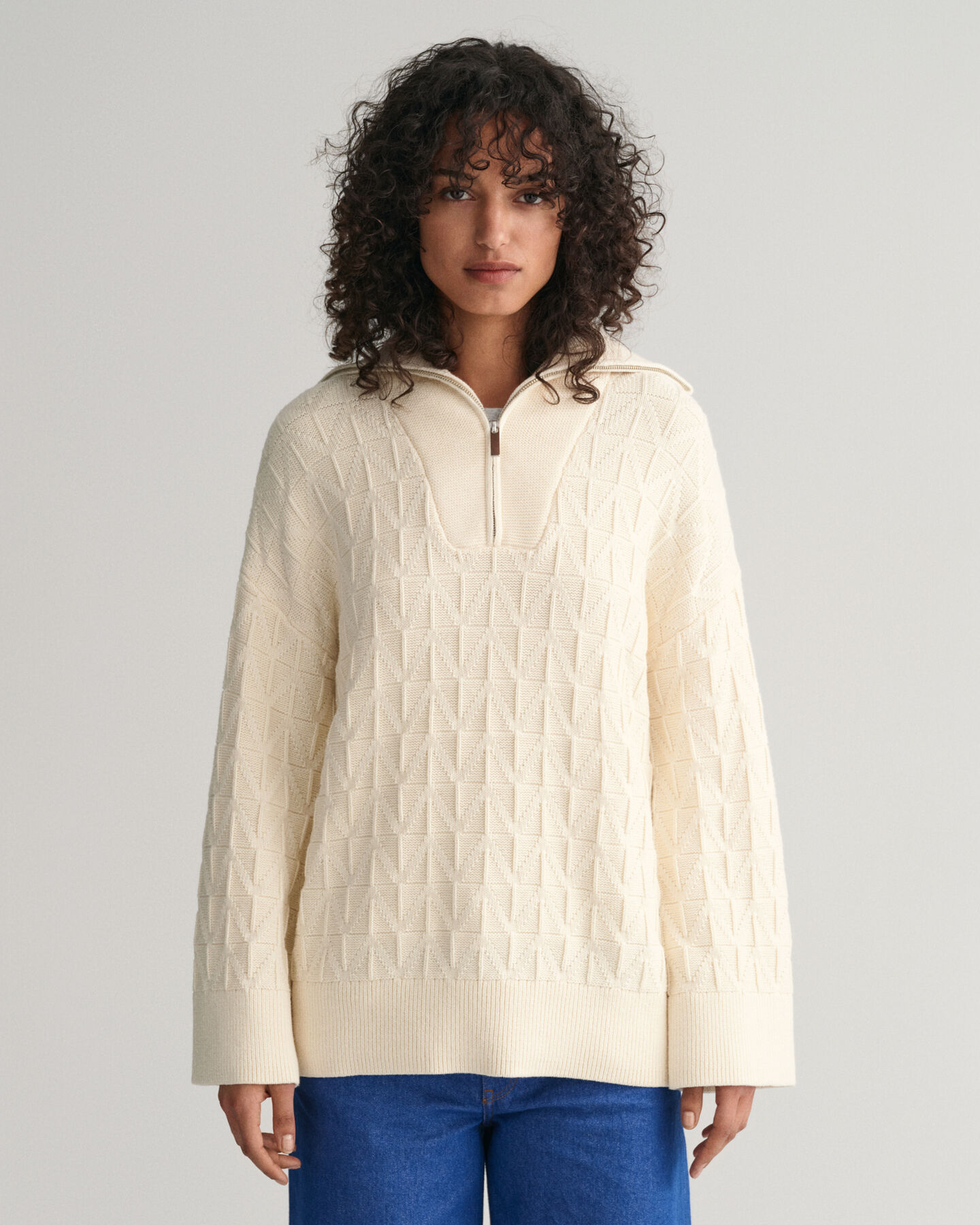 Sildebensmønstret sweater med halv lynlås