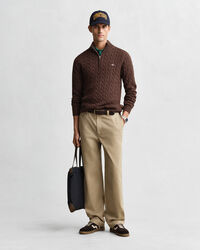 Kabelstrikket sweater af bomuld med halv lynlås