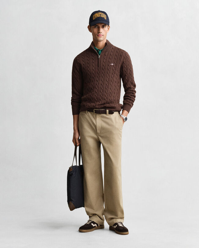 Kabelstrikket sweater af bomuld med halv lynlås