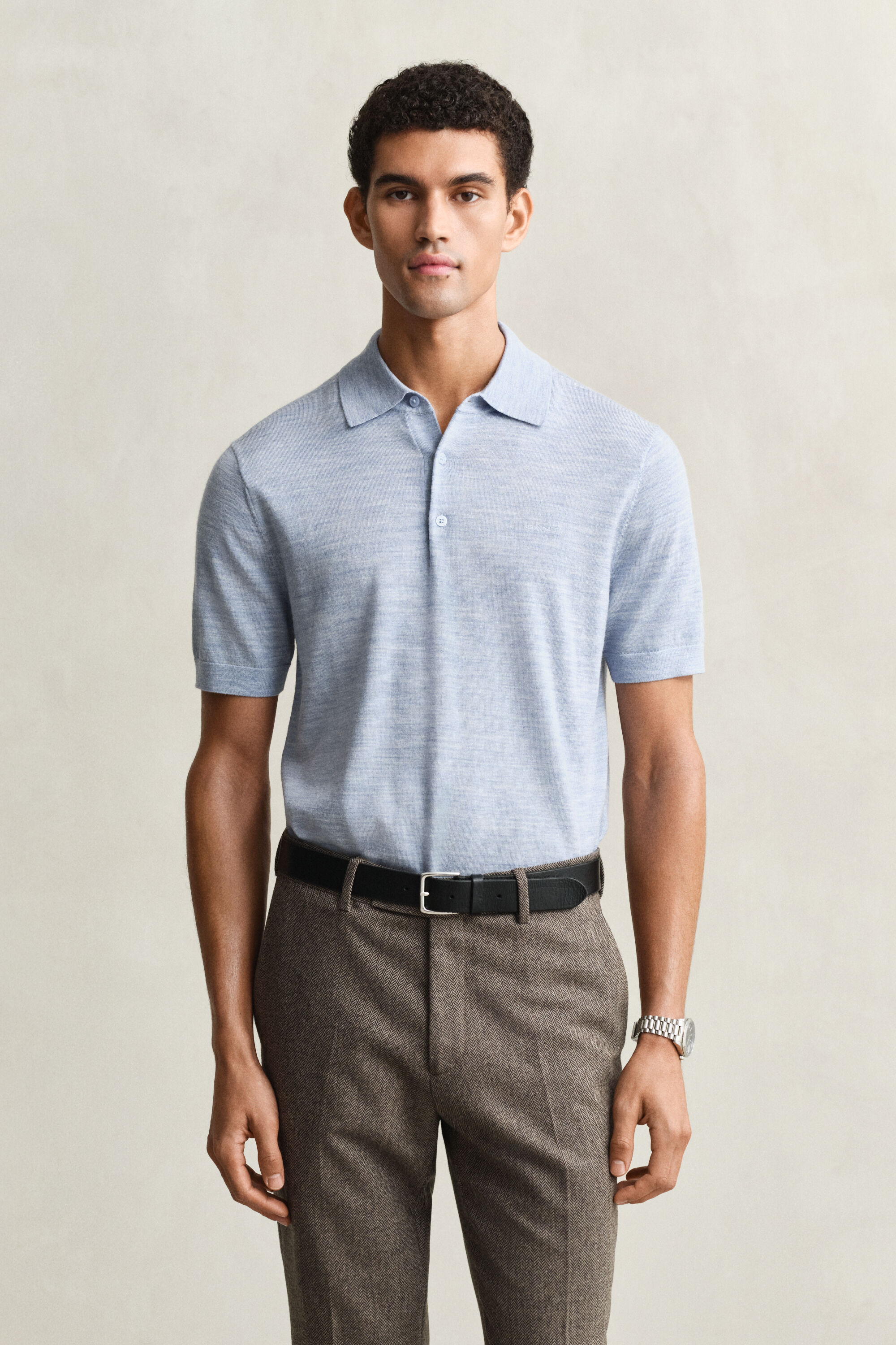 Kortærmet polosweater af ekstra fin merinould