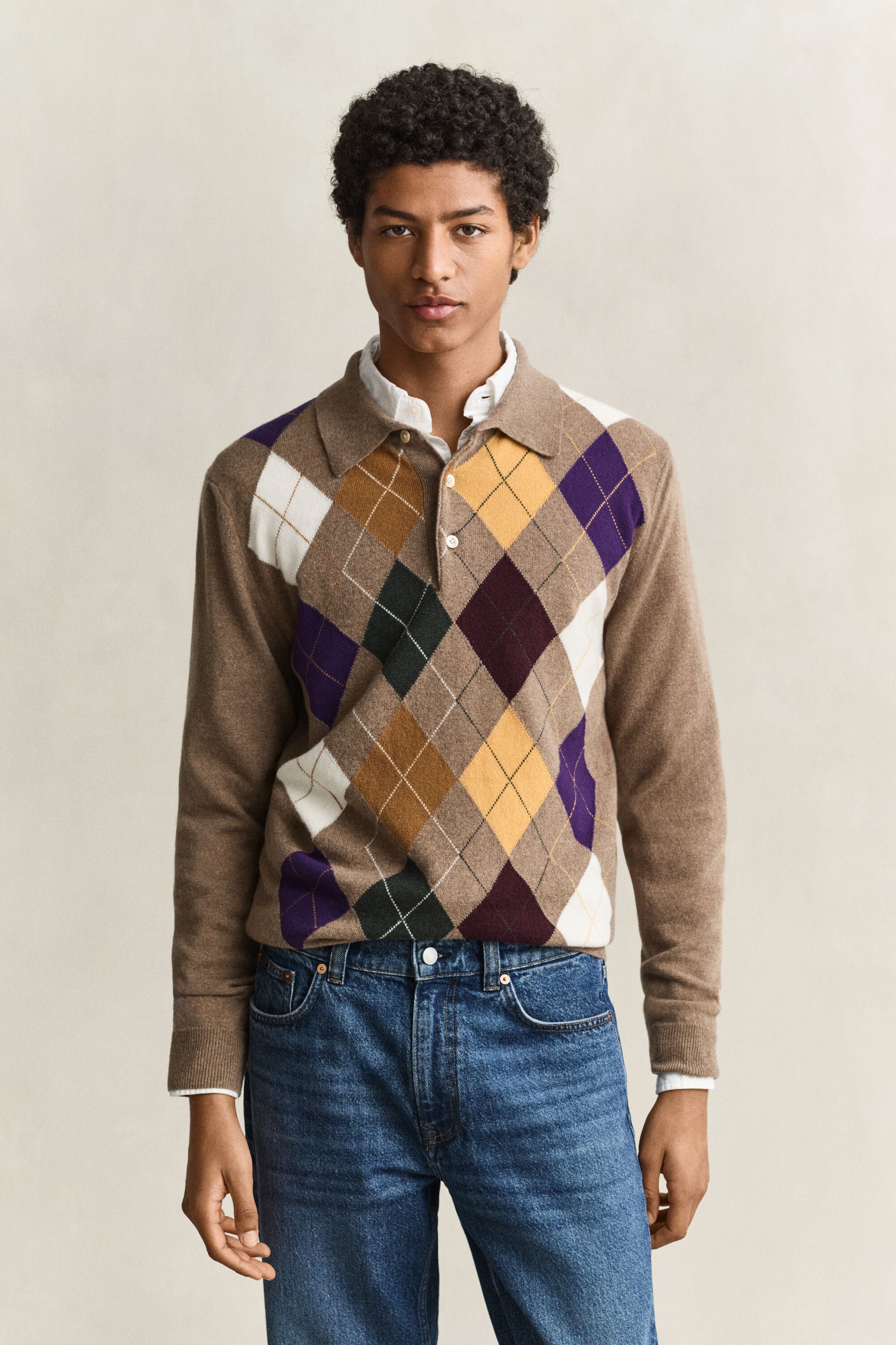 Argyle polosweater af ekstra fin lammeuld