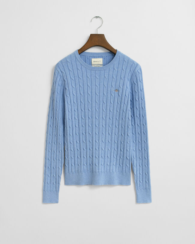 Crewneck sweater af strækbomuld med kabelstrik