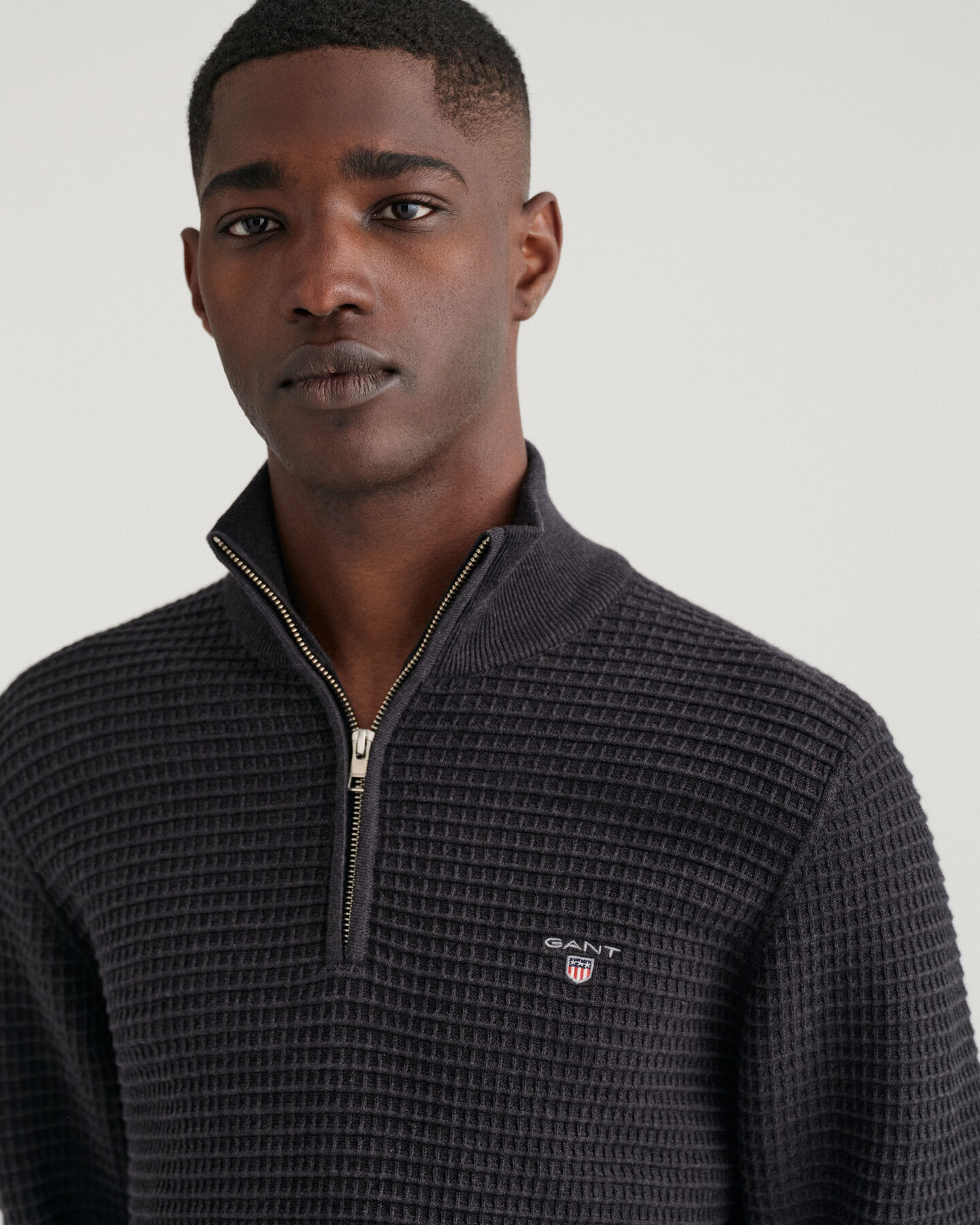 Texture bomuldssweater med halv lynl&aring;s