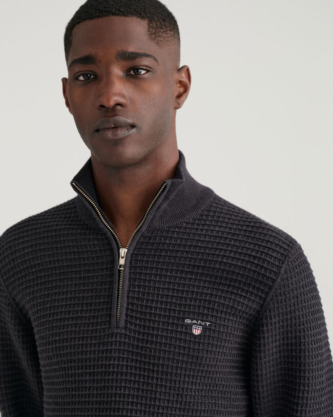 Texture bomuldssweater med halv lynl&aring;s