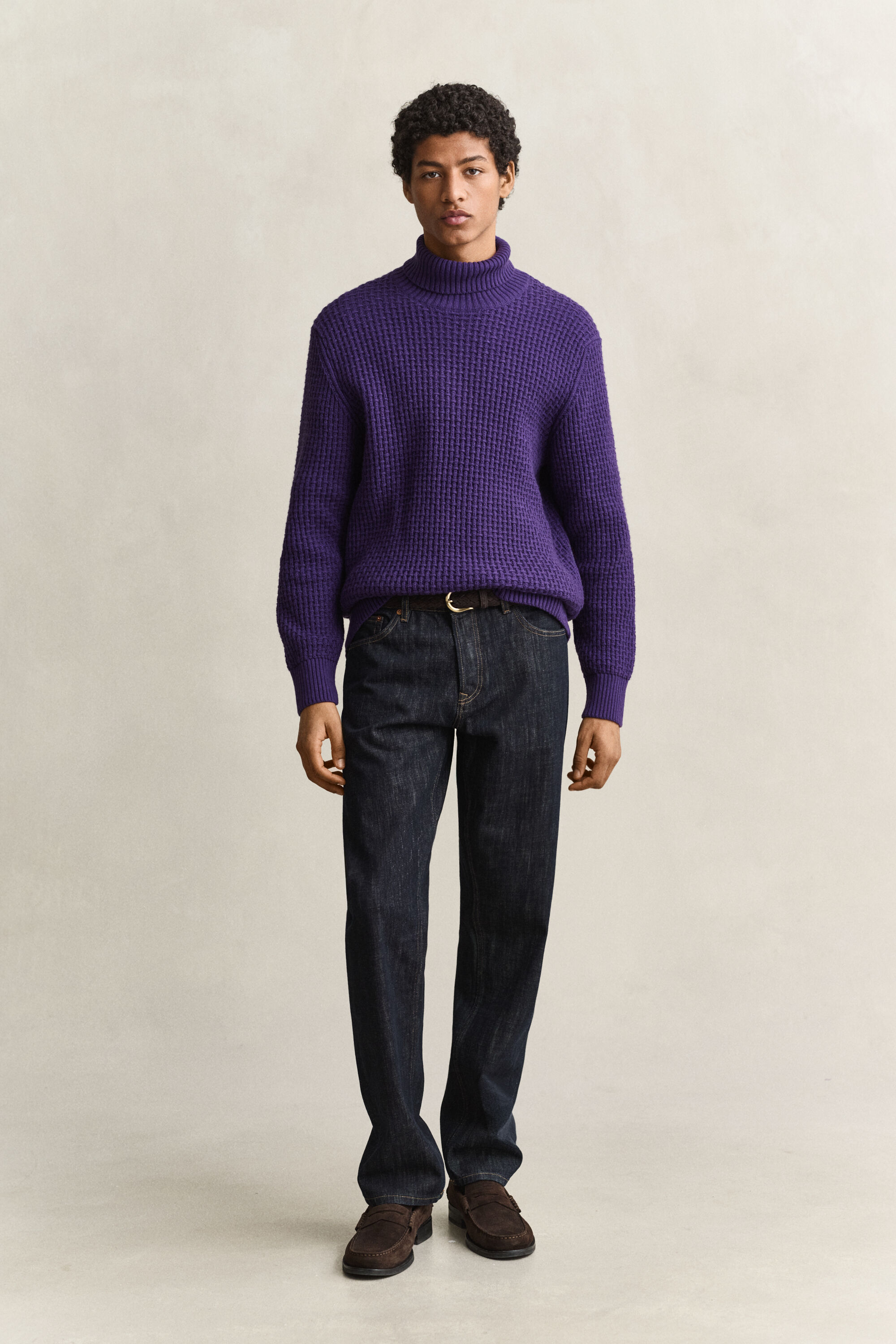 Tekstureret sweater i bomuld og uld med rullekrave