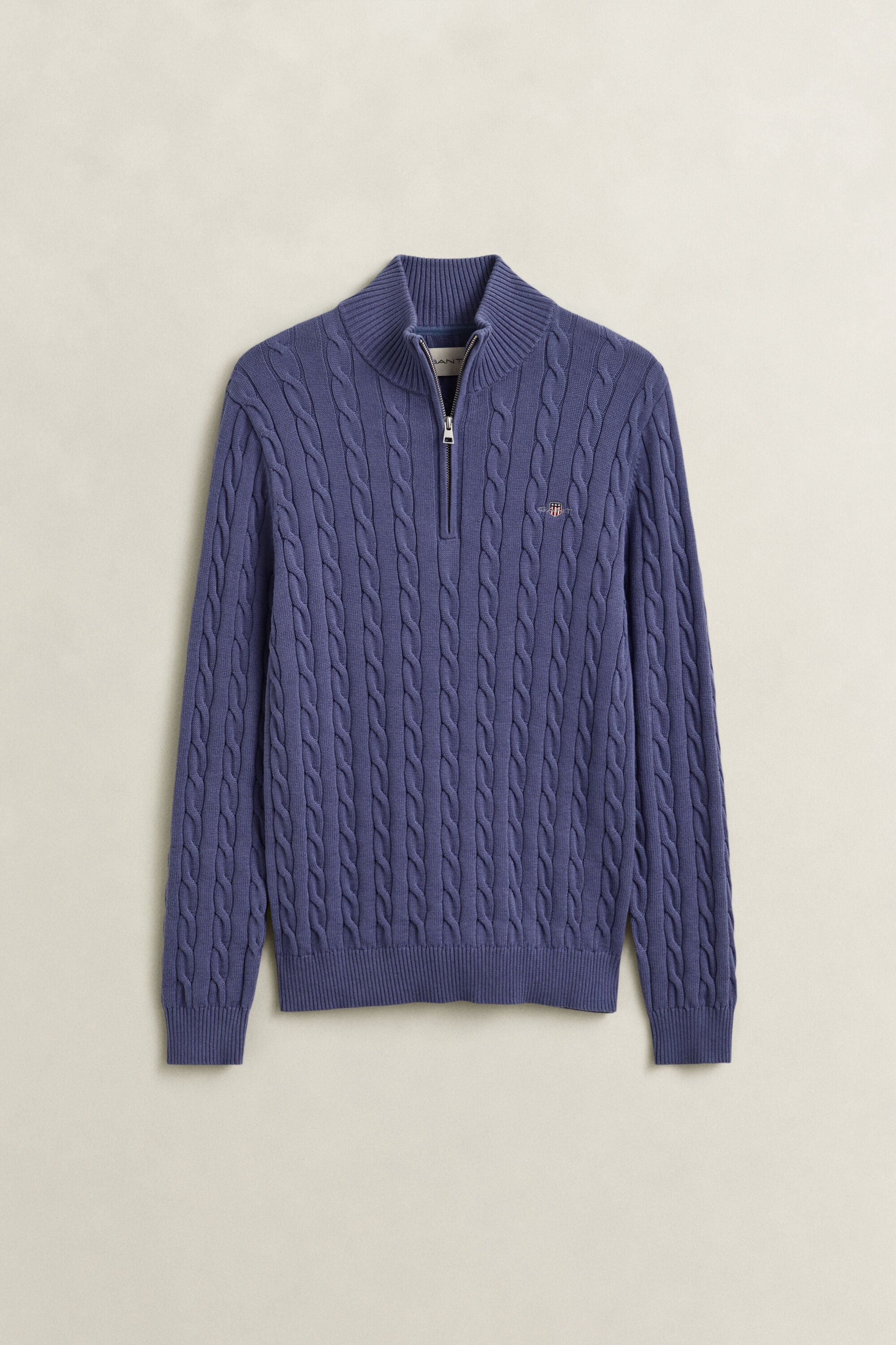 Kabelstrikket sweater af bomuld med halv lynlås