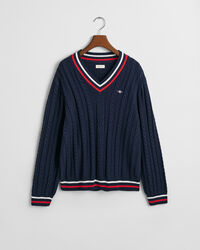 Teens kabelstrikket sweater med V-hals og striber