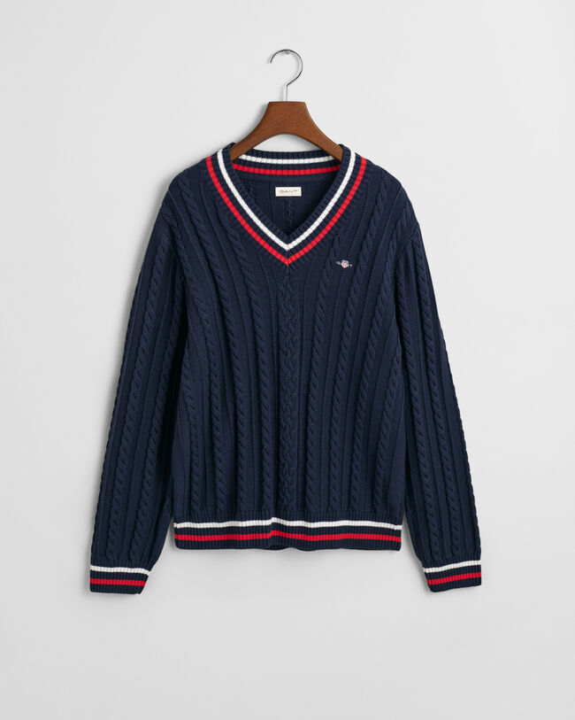 Teens kabelstrikket sweater med V-hals og striber
