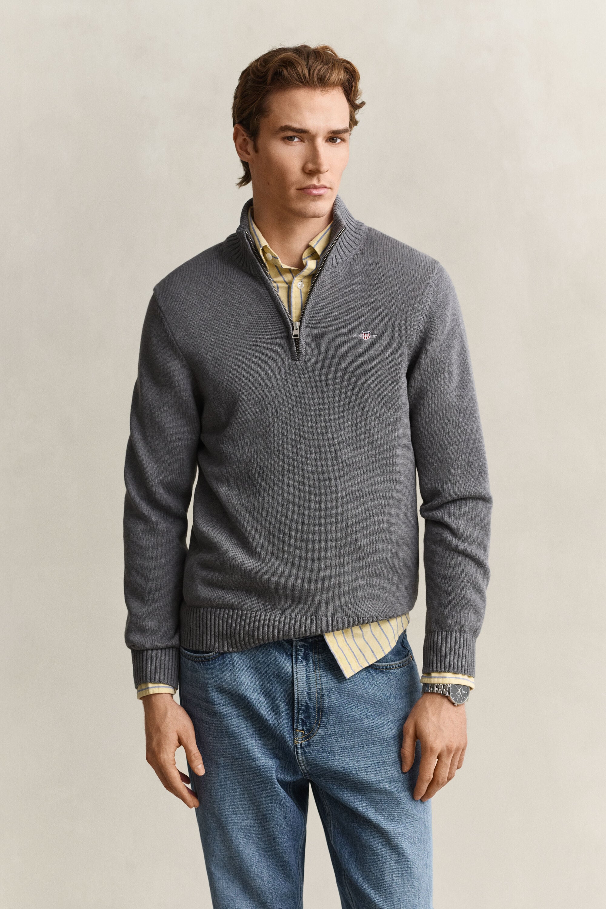 Afslappet sweater i bomuld med halv lynlås