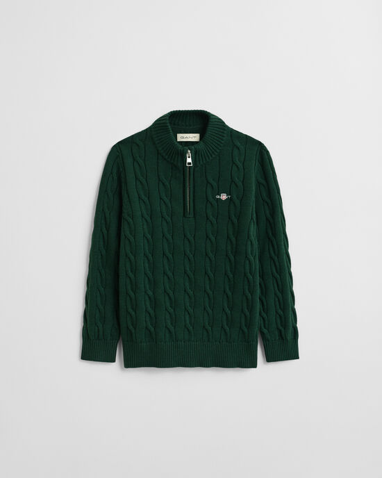 Kids sweater af bomuld med kabelstrik og halv lynlås