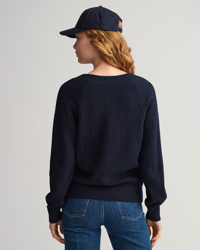 Ribstrikket sweater med V-hals i bomuld