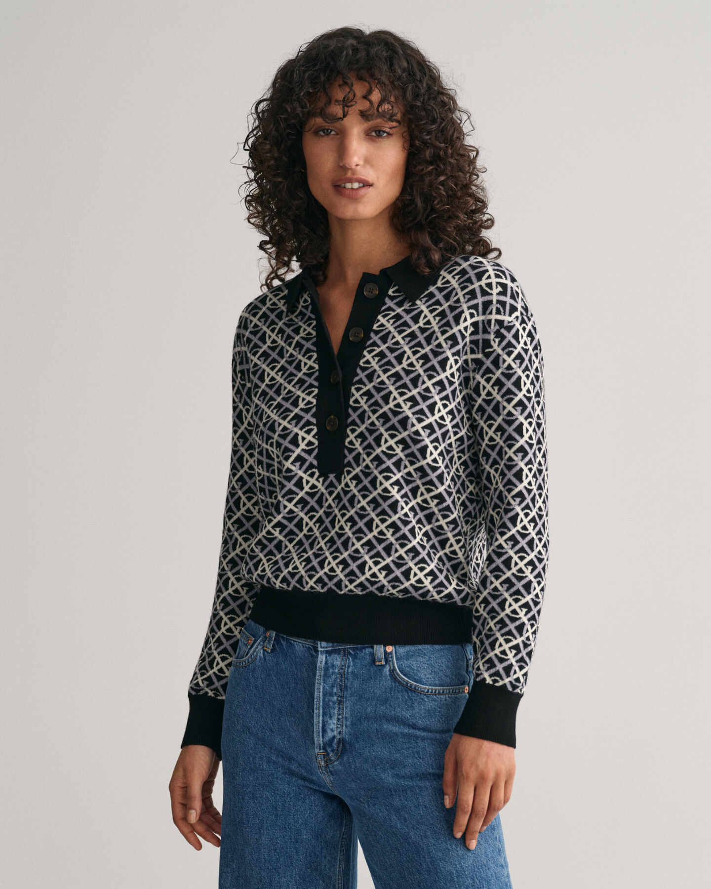 G Patterned jacquard-strikket polosweater